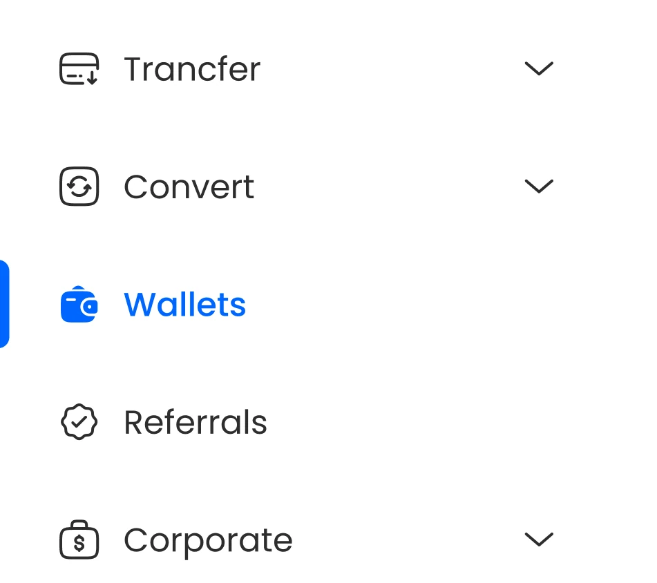 Навигация раздела Wallets в Dailymarketpay